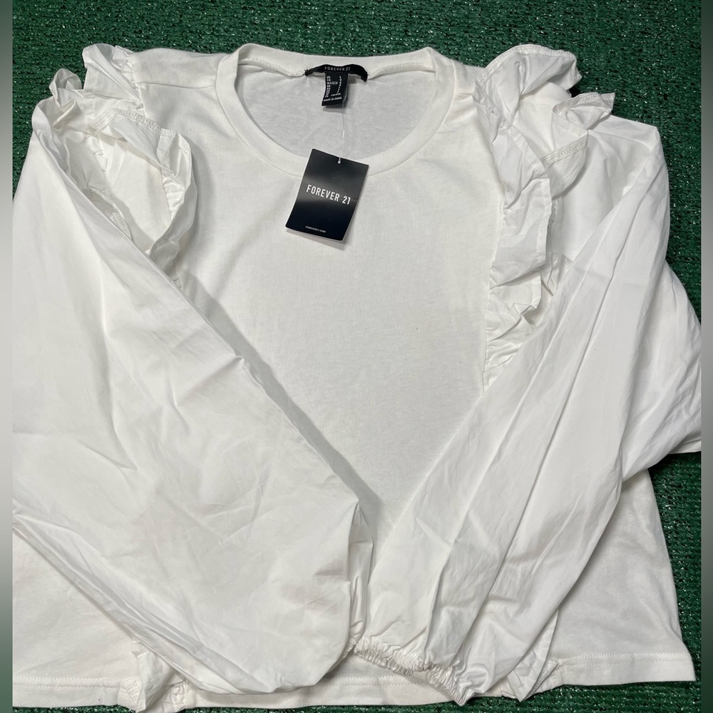 NEW Forever 21 white long sleeve ruffle shoulder top